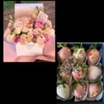 Punnet of chocolate-dipped strawberries with a square hatbox of flowers combo set by Petals Gourmet Flowers.