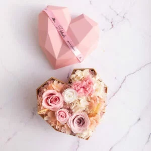 Diamond soft touch heart geode box filled with preserved blooms from Petals Gourmet Flowers.